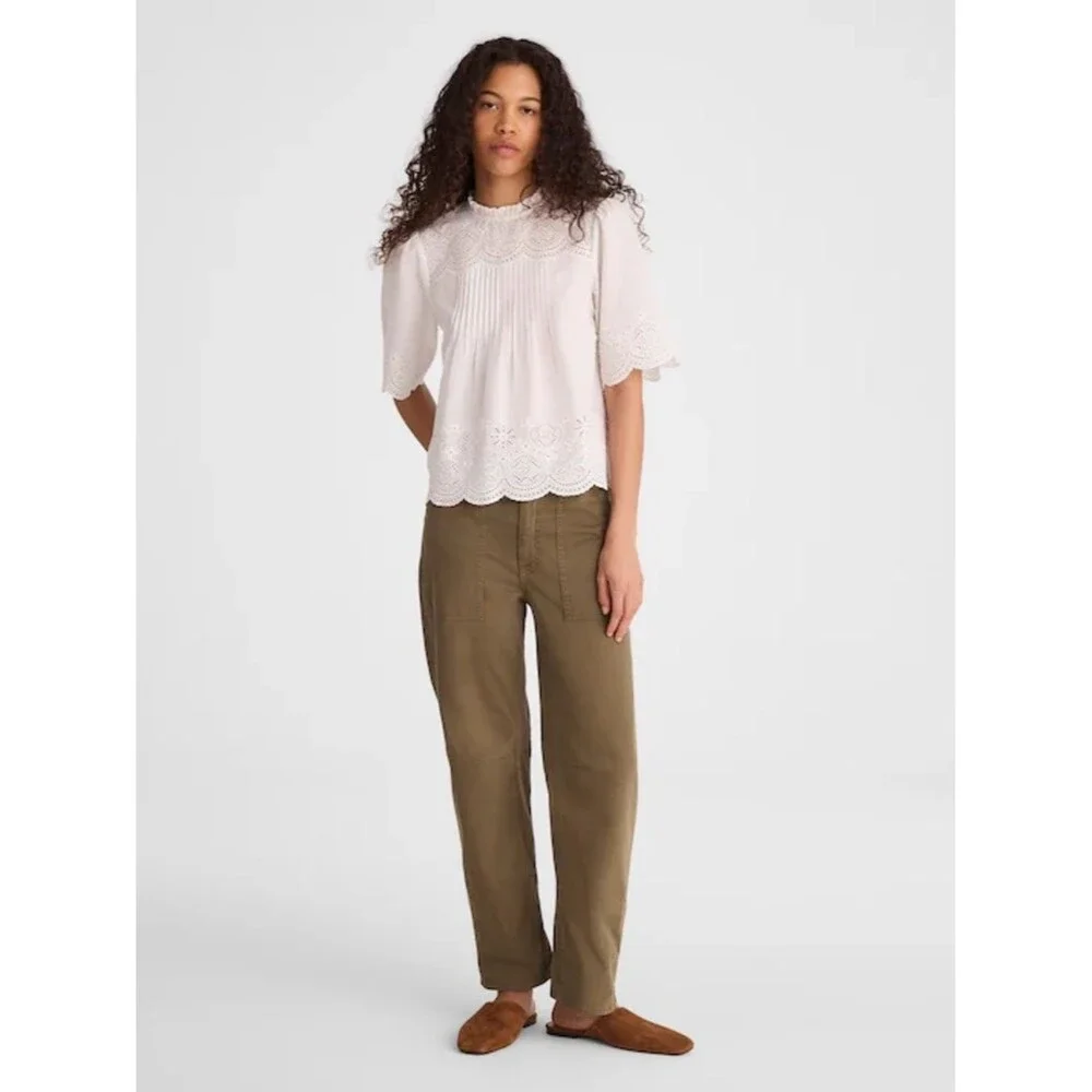 Madewell Embroidered Pintuck High-Neck Top Women’s Medium White Short Sleeve - Picture 2 of 9